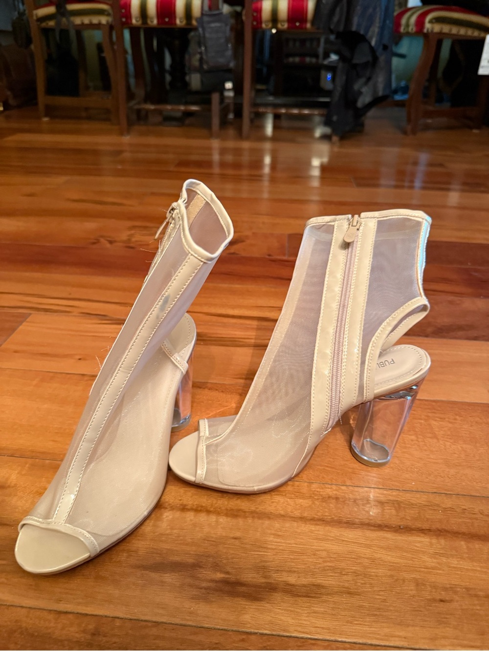Public Desire Nude Sheer Peep-Toe Block Heel Booties